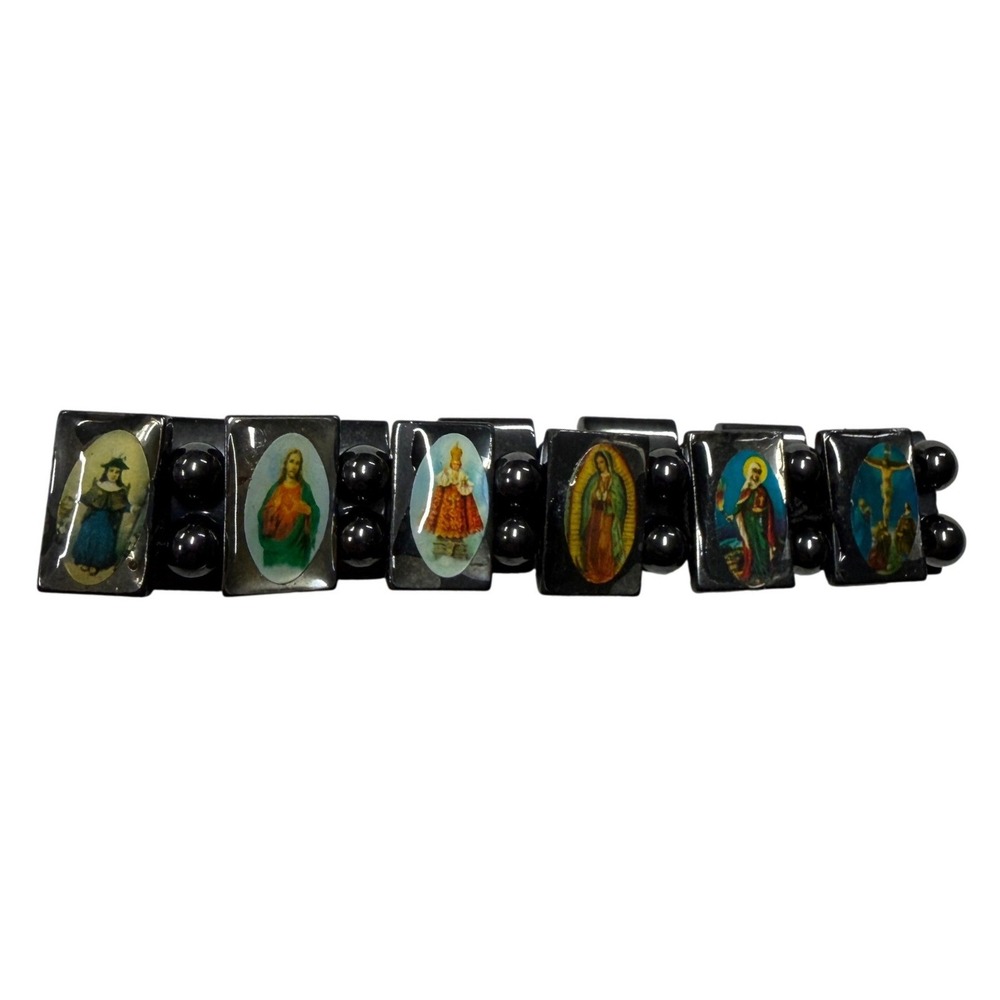 Religious Catholic Saint Icon Hematite Tone Stretch Bracelet Sacred Heart Mary